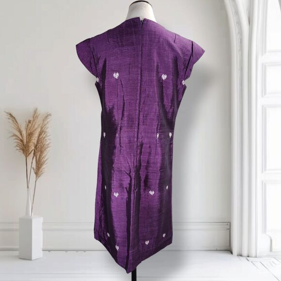 Vintage 60s Embroidered Sharkskin Shift Dress Size L Cap Sleeve Purple Mexican - Picture 5 of 16